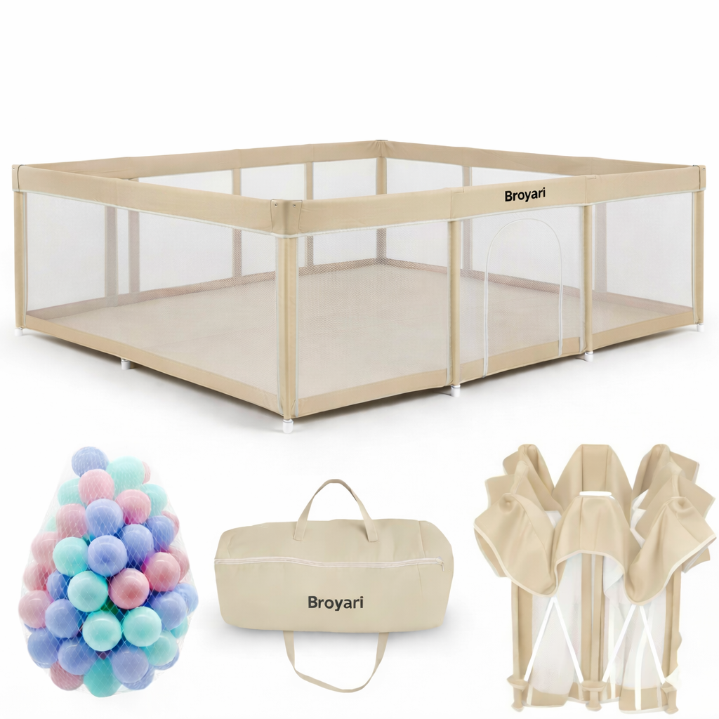 Baby Laufstall / Laufgitter – Beige – Faltbar mit Matte