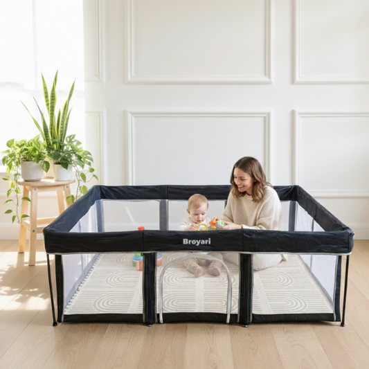 Baby Laufstall / Laufgitter – Schwarz – Faltbar mit Matte - Broyari