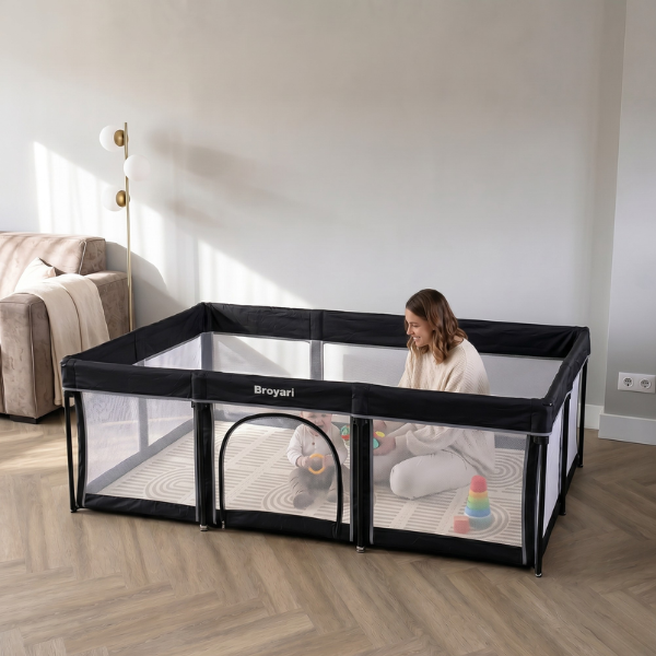 Baby Laufstall / Laufgitter – Schwarz – Faltbar mit Matte - Broyari