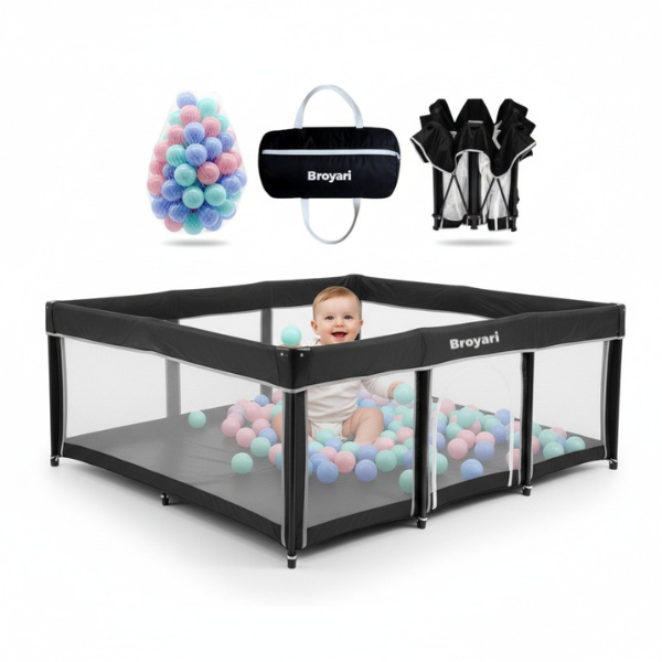 Baby Laufstall / Laufgitter – Schwarz – Faltbar mit Matte - Broyari