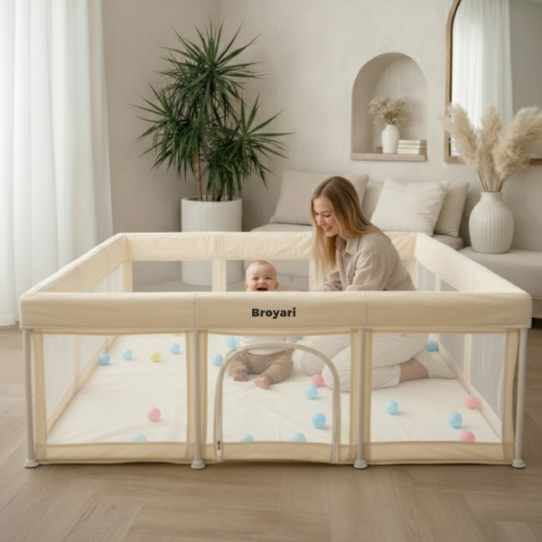 Baby Laufstall / Laufgitter – Beige – Faltbar mit Matte - Broyari