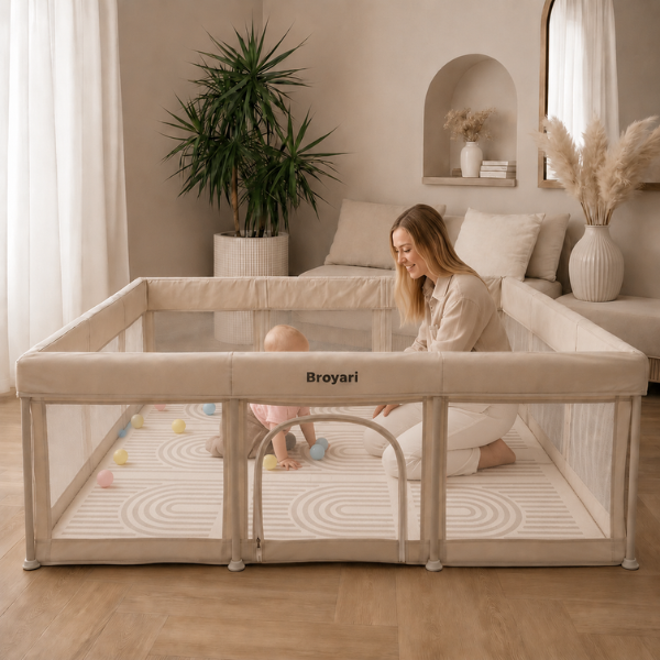 Baby Laufstall / Laufgitter – Beige – Faltbar mit Matte - Broyari
