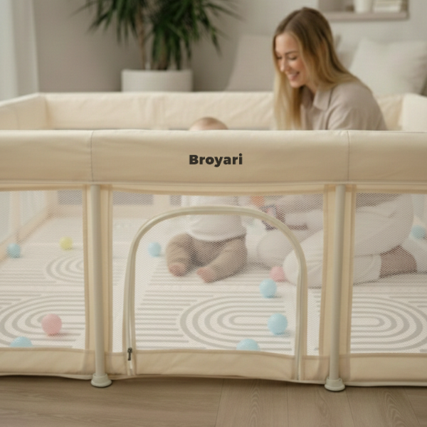 Baby Laufstall / Laufgitter – Beige – Faltbar mit Matte - Broyari
