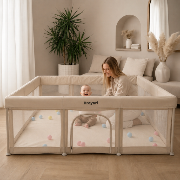 Baby Laufstall / Laufgitter – Beige – Faltbar mit Matte - Broyari