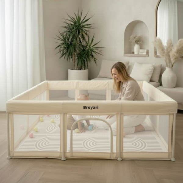 Baby Laufstall / Laufgitter – Beige – Faltbar mit Matte - Broyari